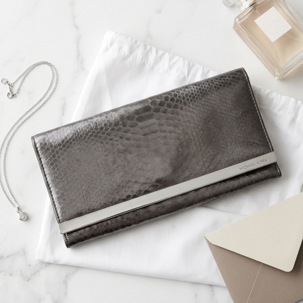 Michael Kors Metallic Snake-Embossed Clutch - Silver